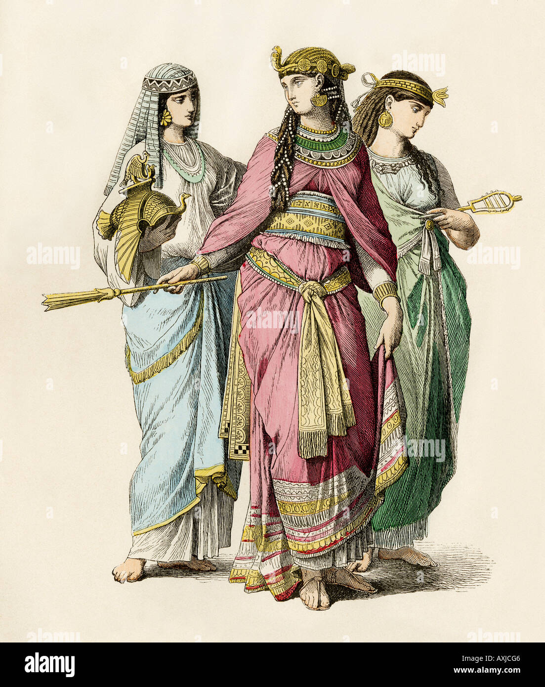Ancient Egyptian queen and attendants. Hand-colored print Stock Photo