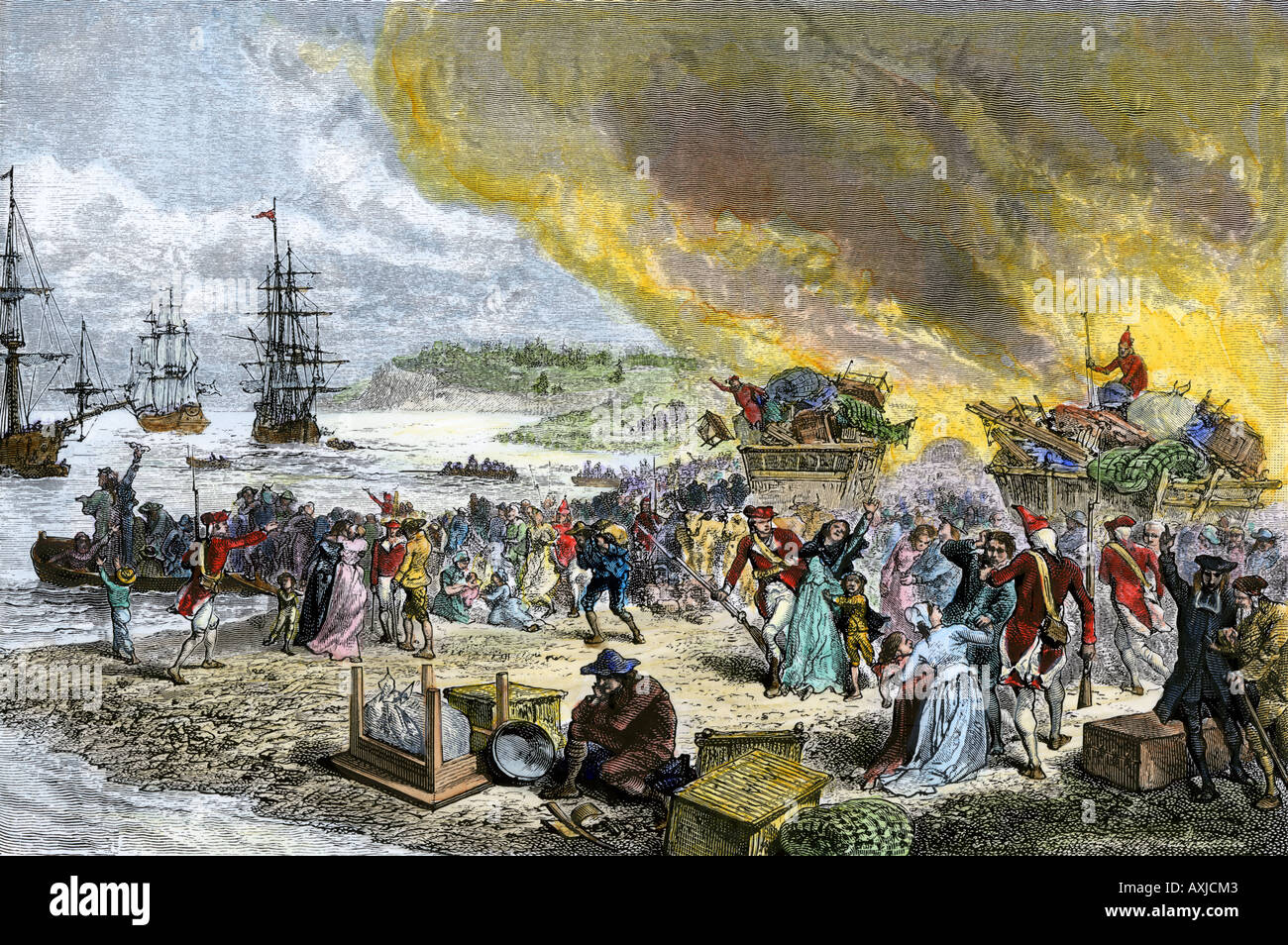 Deportation of the French Acadians by the British 1755. Hand-colored woodcut Stock Photo