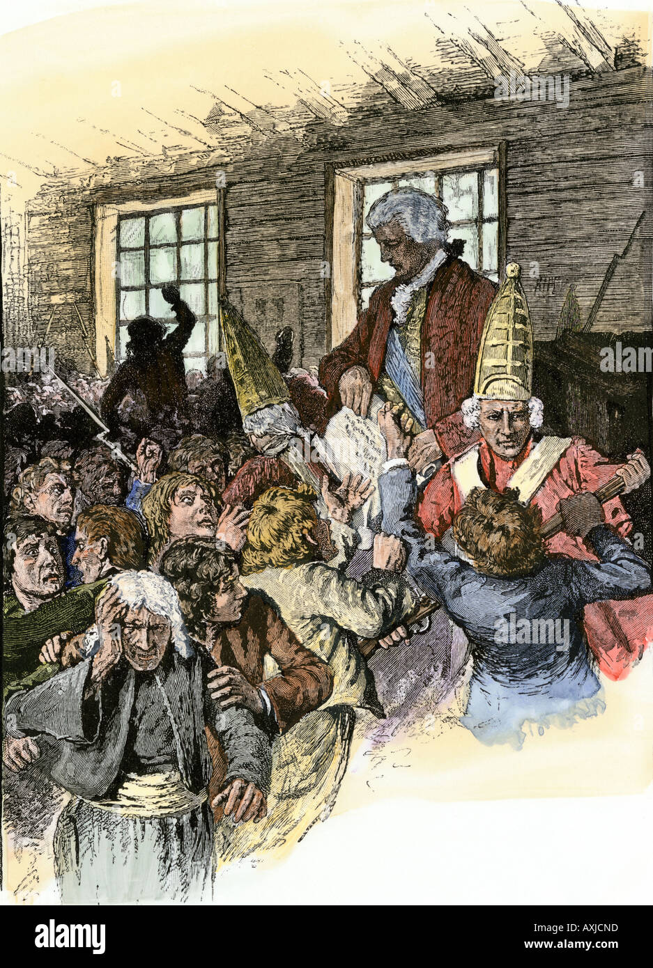British official reading the Decree of Expulsion to Acadians in French Canada 1755. Hand-colored woodcut Stock Photo