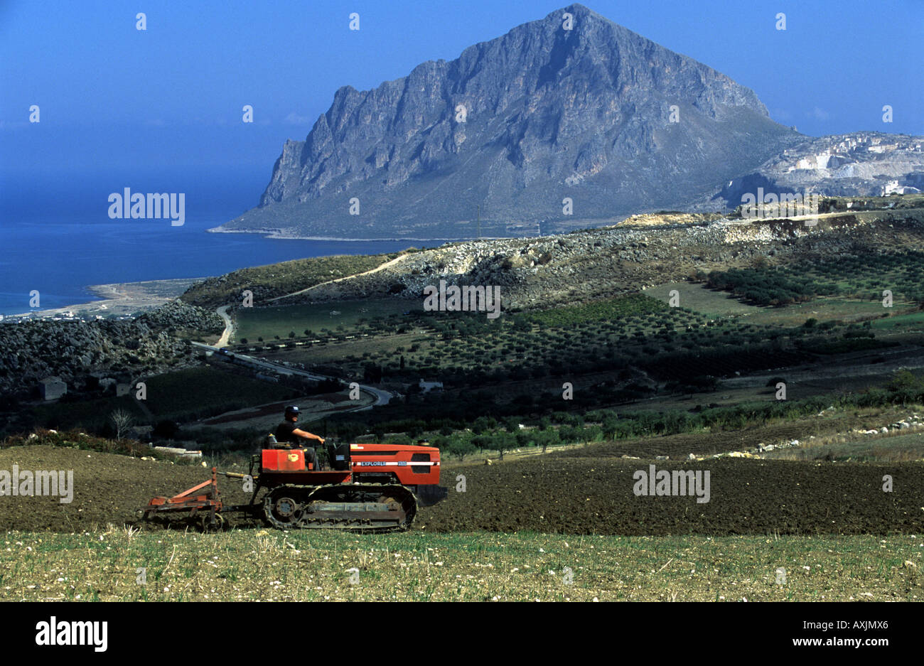 Land being cultivated on an organic farm, Valdarice, Sicily, Italy. Stock Photo