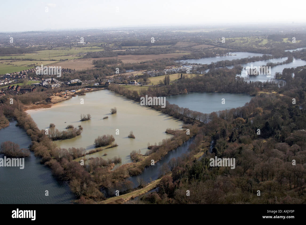 High level oblique aerial view south of Broadwater Gravel Pit Hillingdon London UB9 England UK Feb 2006 Stock Photo
