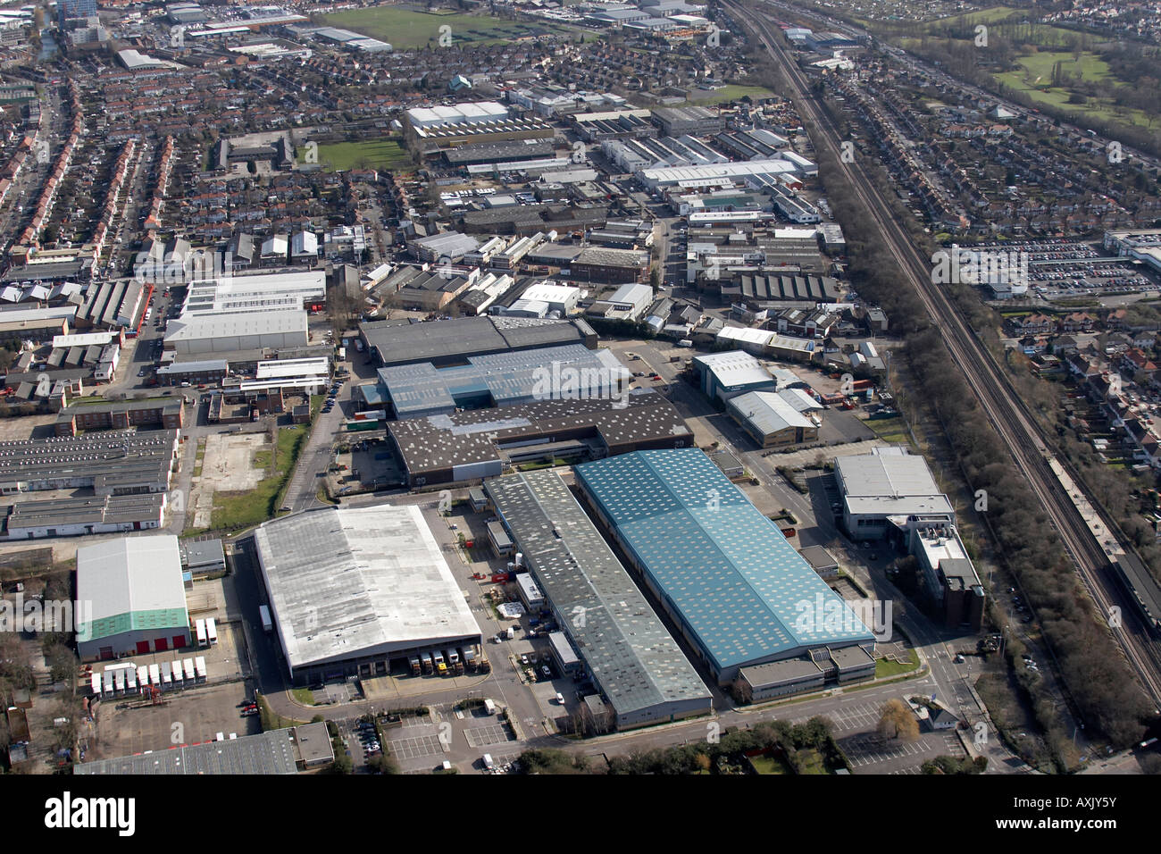 High level oblique aerial view east of Perivale Industrial Park Ealing