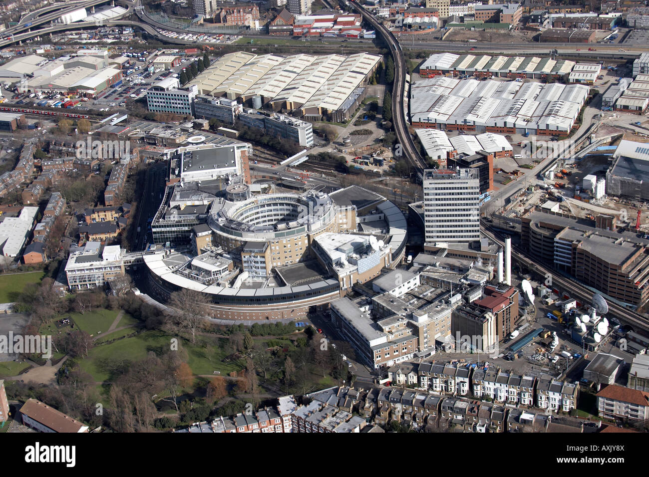 High level oblique aerial view east of BBC Television Centre Hammersmith London W12 England UK Feb 2006 Stock Photo