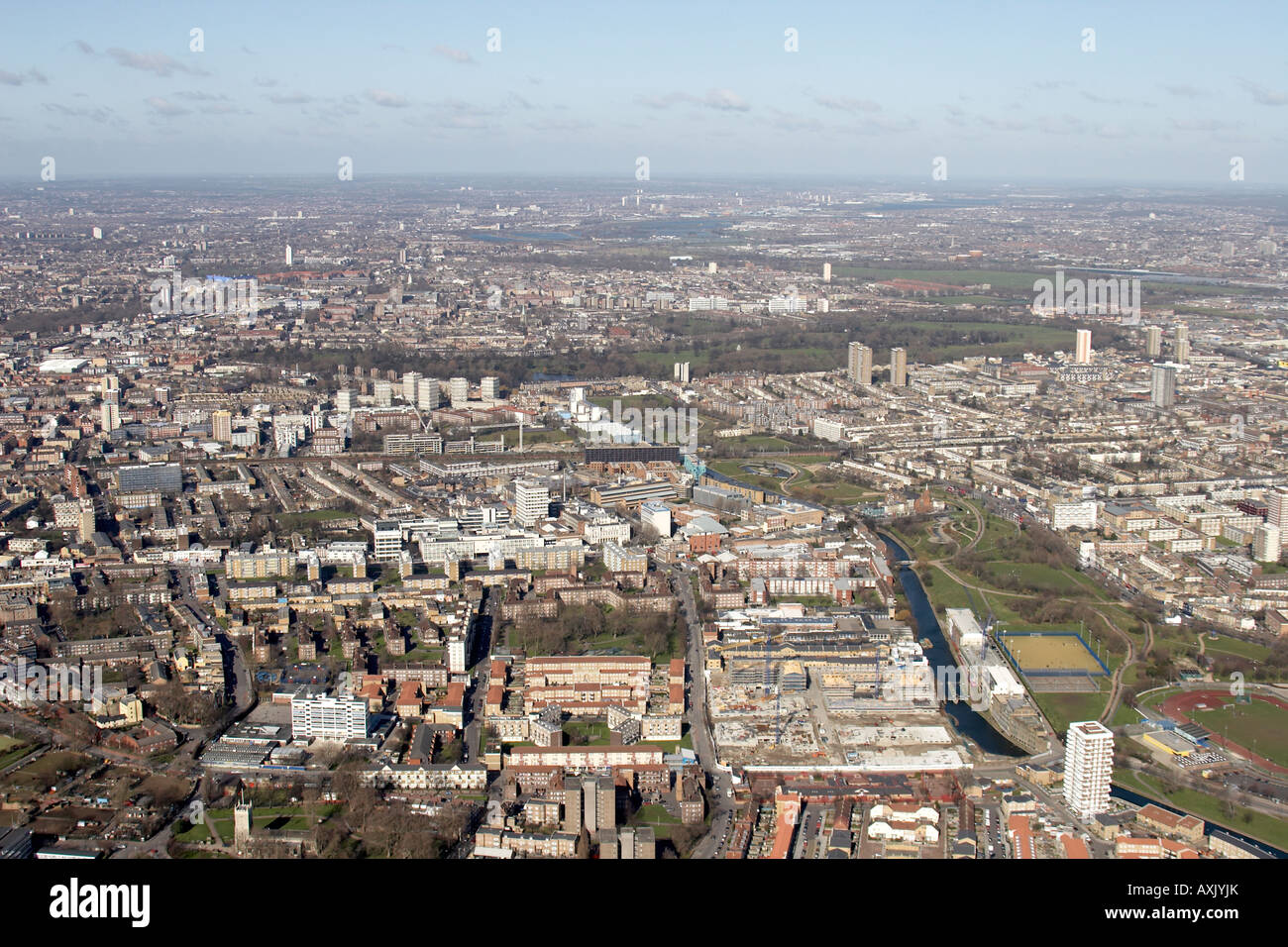 High level oblique aerial view north of Mile End Park Tower Hamlets Newham London E1 E14 E15 E16