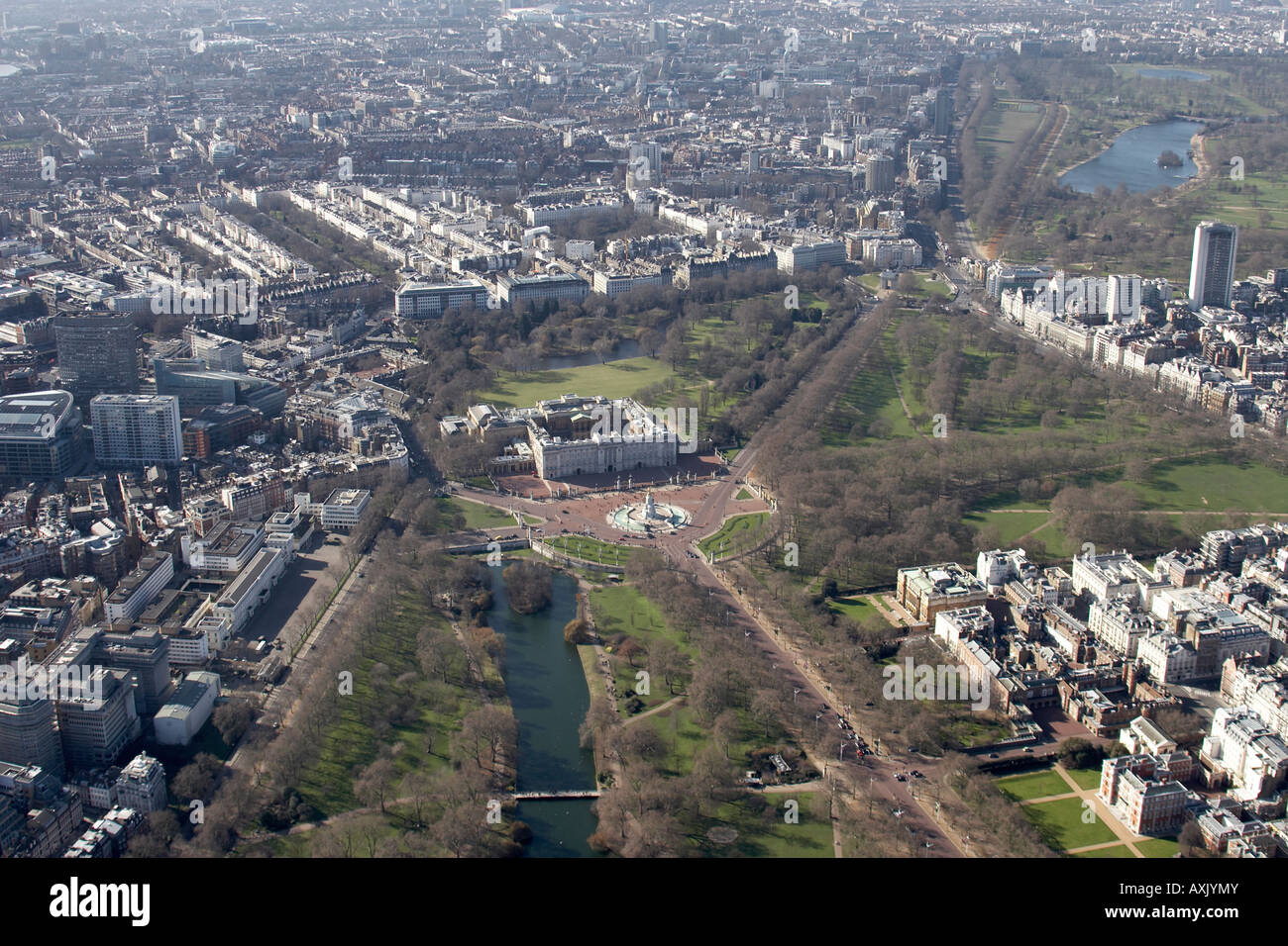 High level oblique aerial view north west of Buckingham Palace St James s Park and Green Park London SW1 England UK Feb 2006 Stock Photo