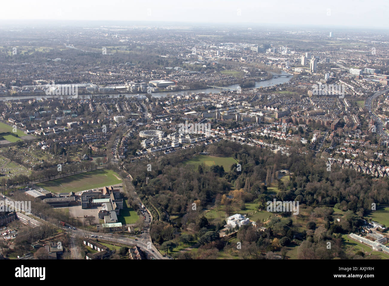 Aerial view south west of Chiswick House and River Thames to Kew Chiswick London W4 TW9 England UK Feb 2006 Stock Photo