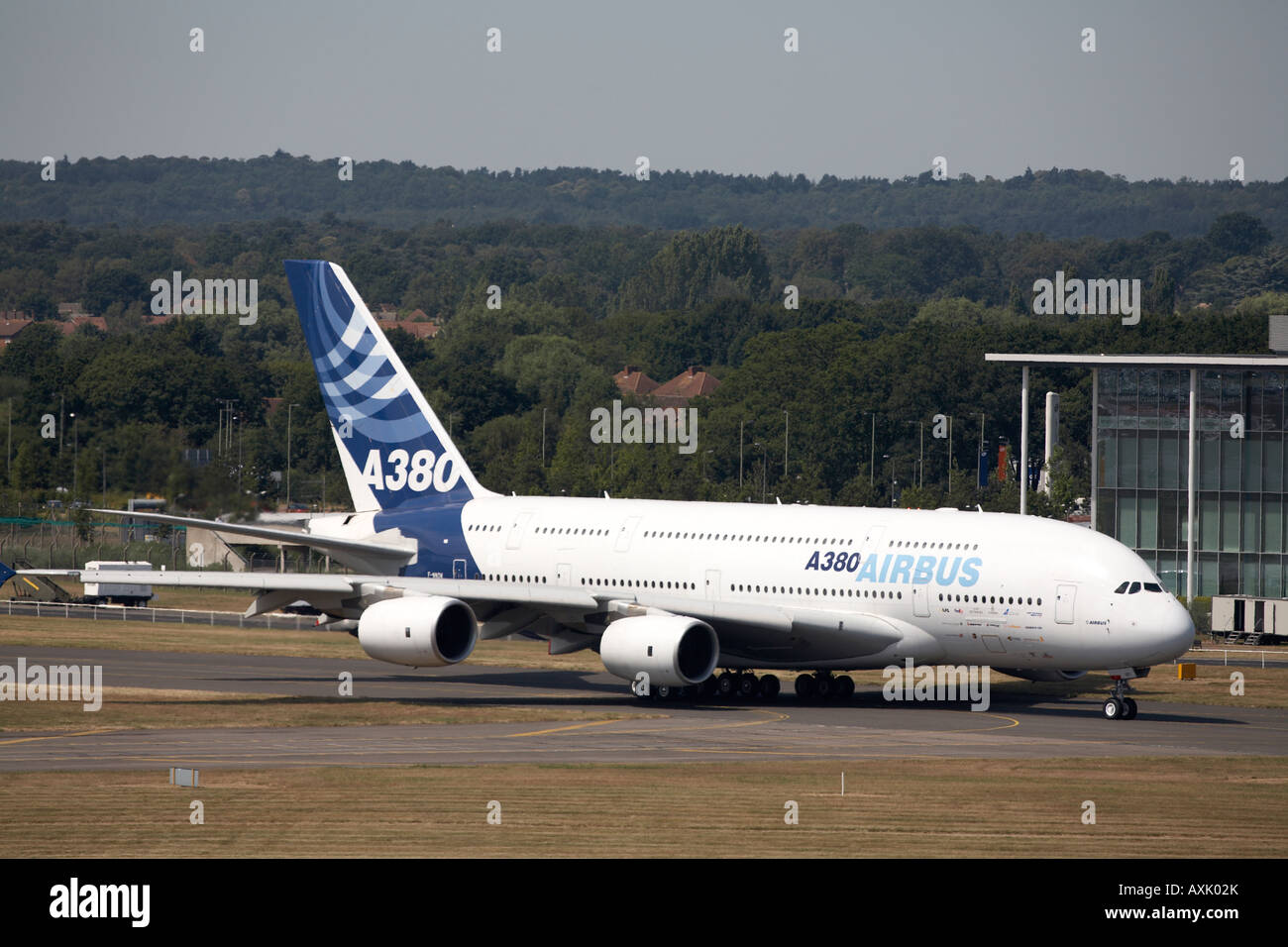 Airbus A380 superjumbo double deck aircraft taxiing for flying display at Farnborough International Airshow July 2006 Stock Photo