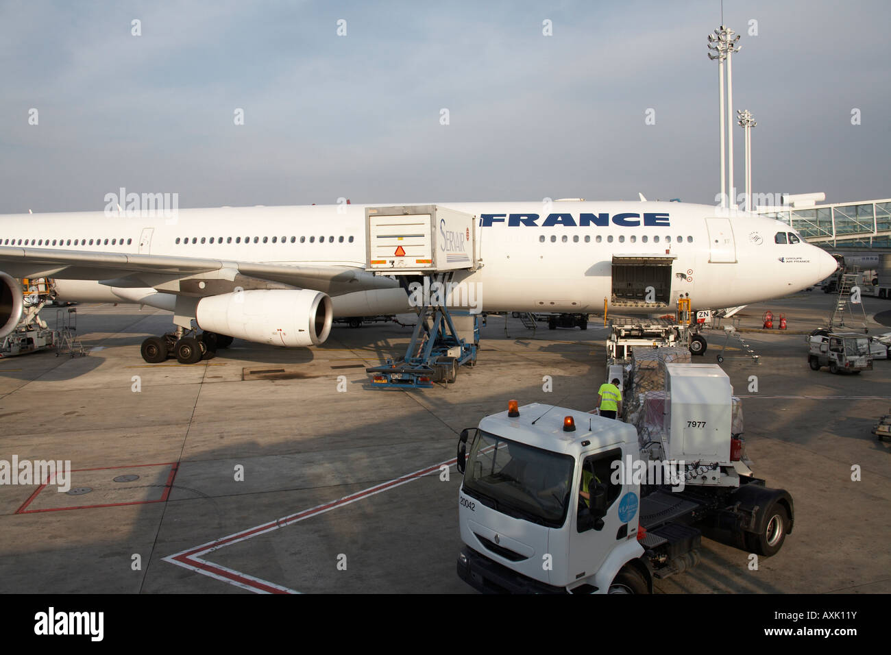 Air France aircraft on stand with jetty and ground servicing at Charles De Gaulle International Airport Paris France Stock Photo