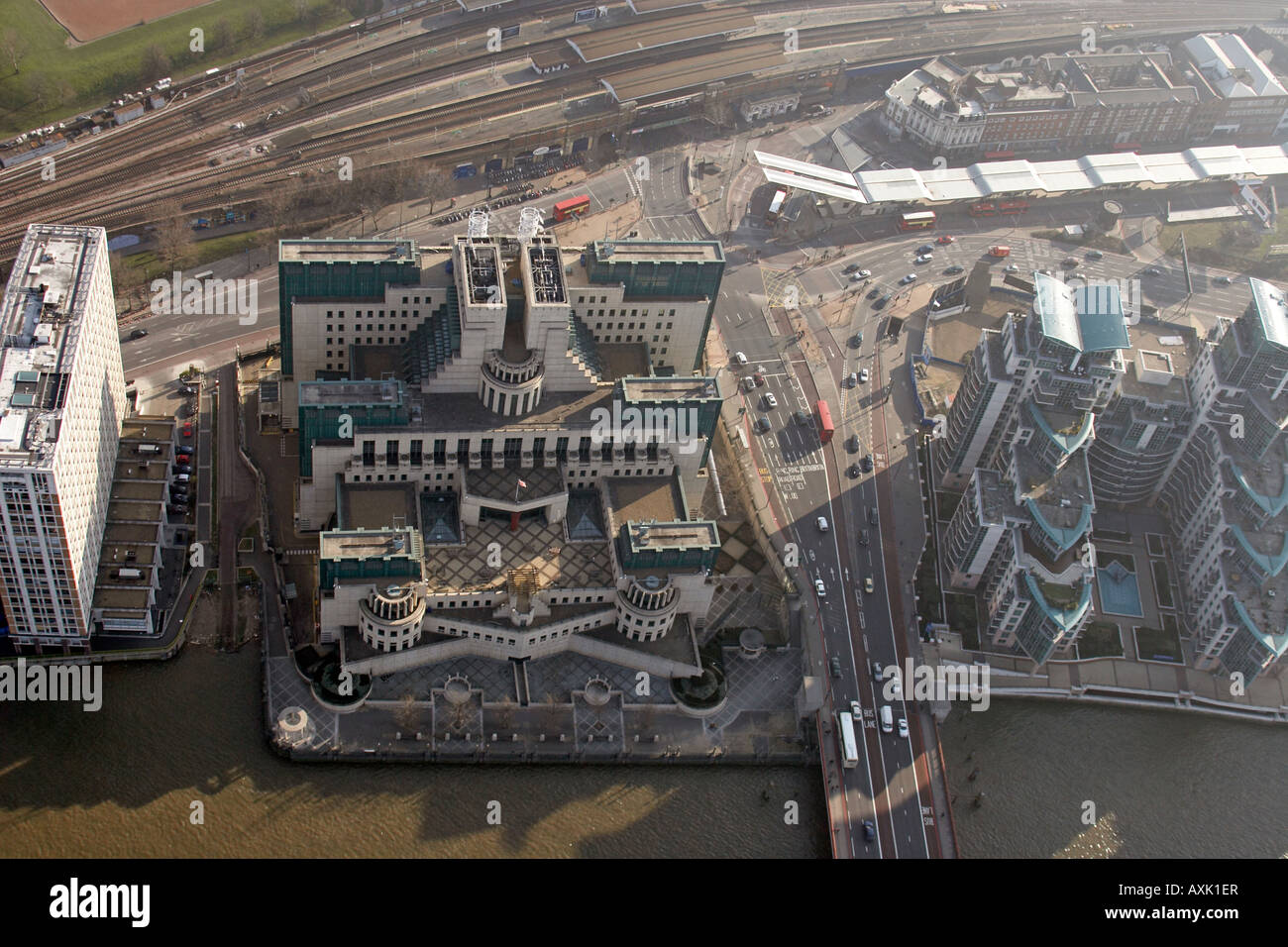 High level oblique aerial viewsouth  east of Vauxhall Cross MI6 SIS building London SE11 England UK January 2006 Stock Photo