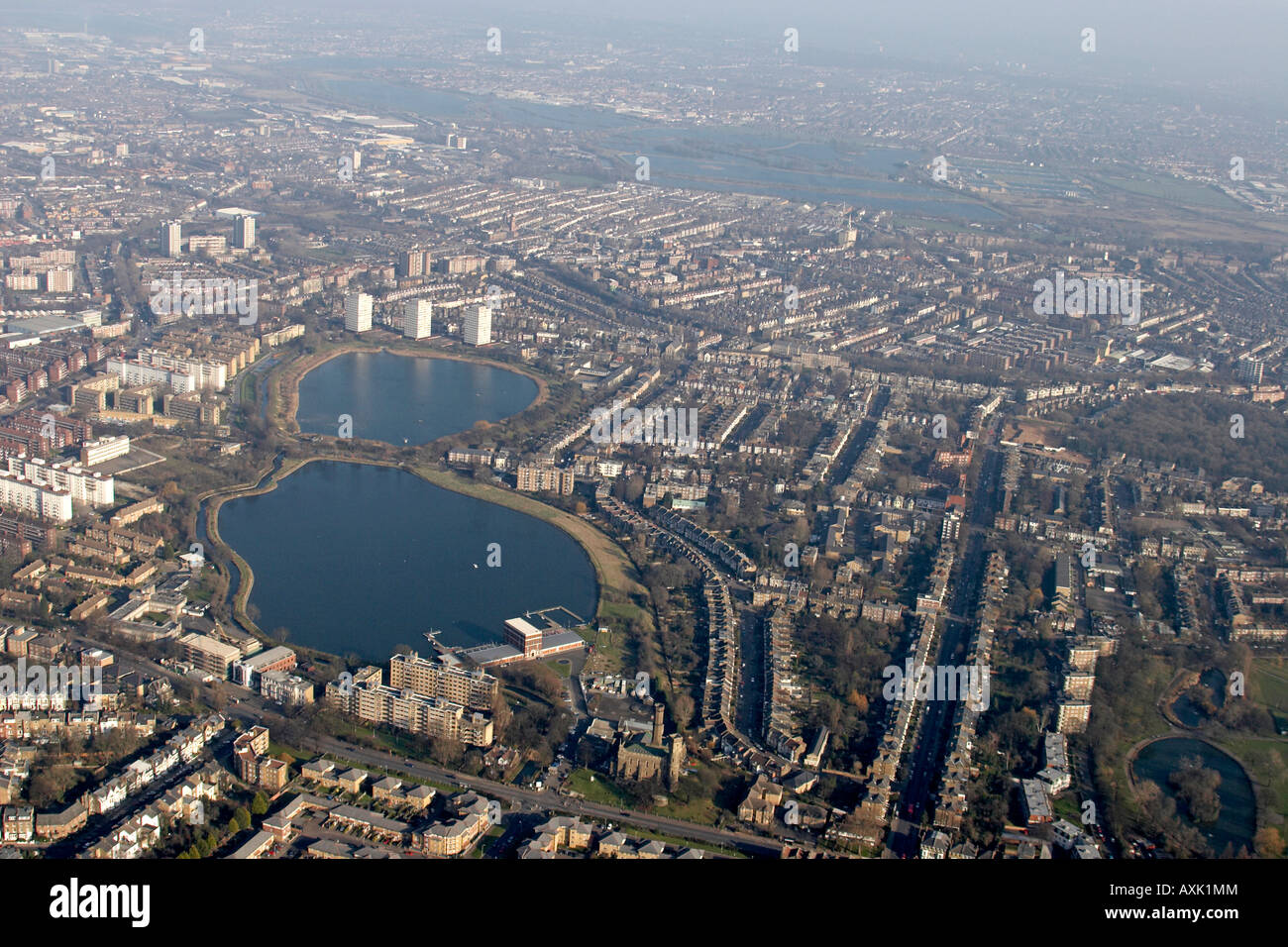 High level aerial view north east of West East and Lea Valley reservoirs Finsbury Park Stoke Newington Tottenham areas Stock Photo