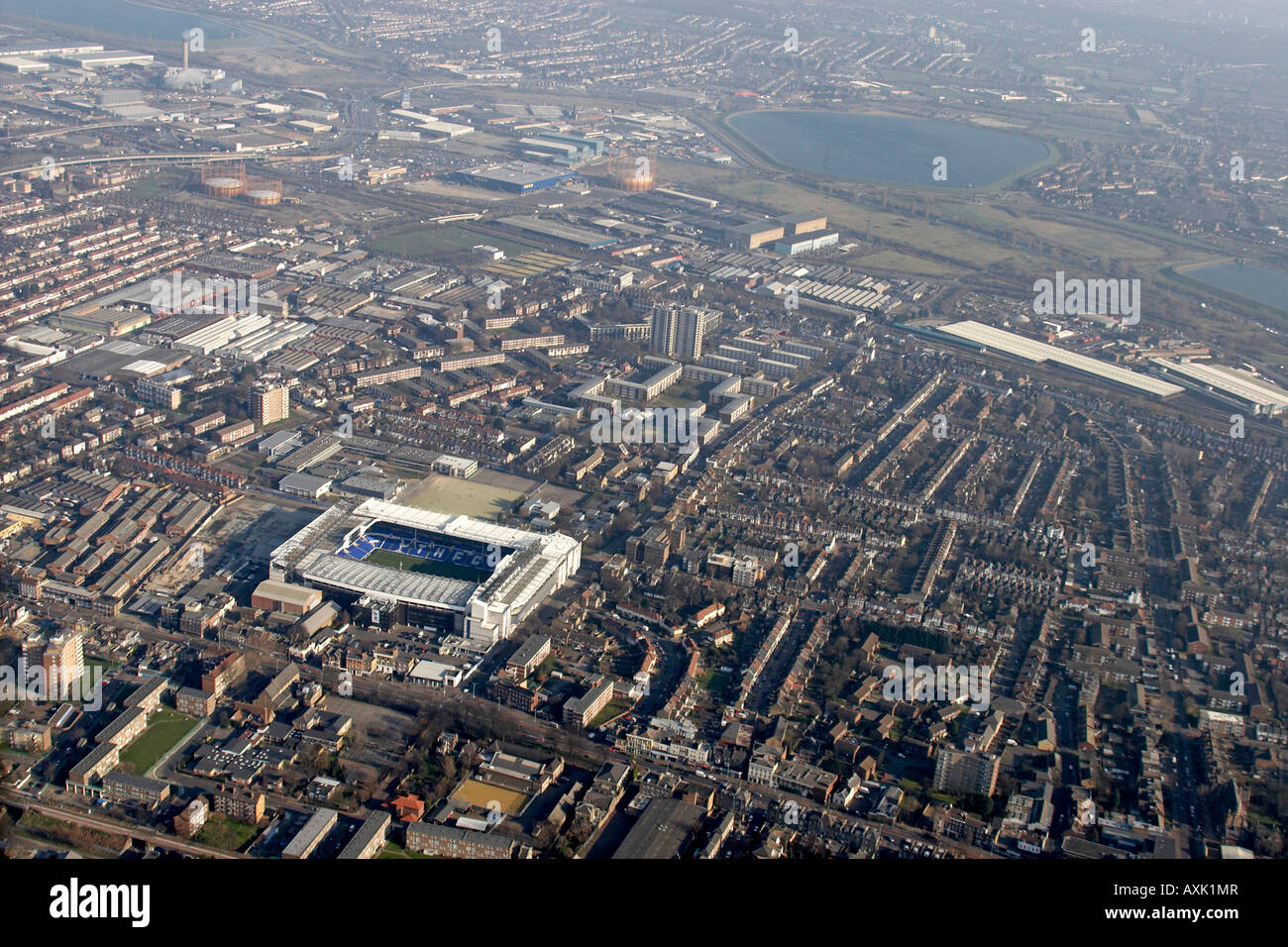 High level aerial view north east of Tottenham Hotspur Football Club White Hart Lane Ground with Banbury Reservoir Stock Photo