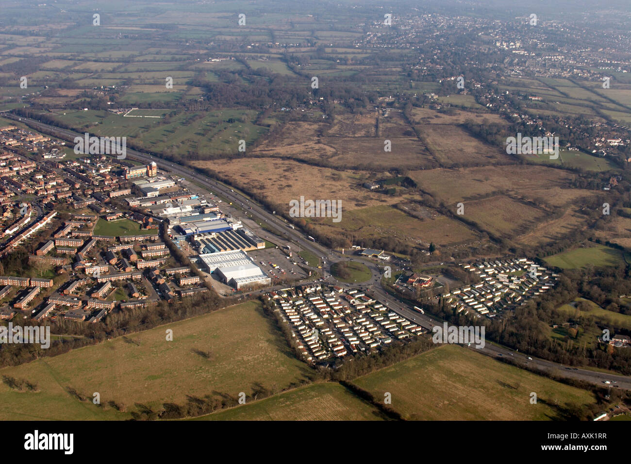 High level oblique aerial view north east of Stirling Corner Roundabout