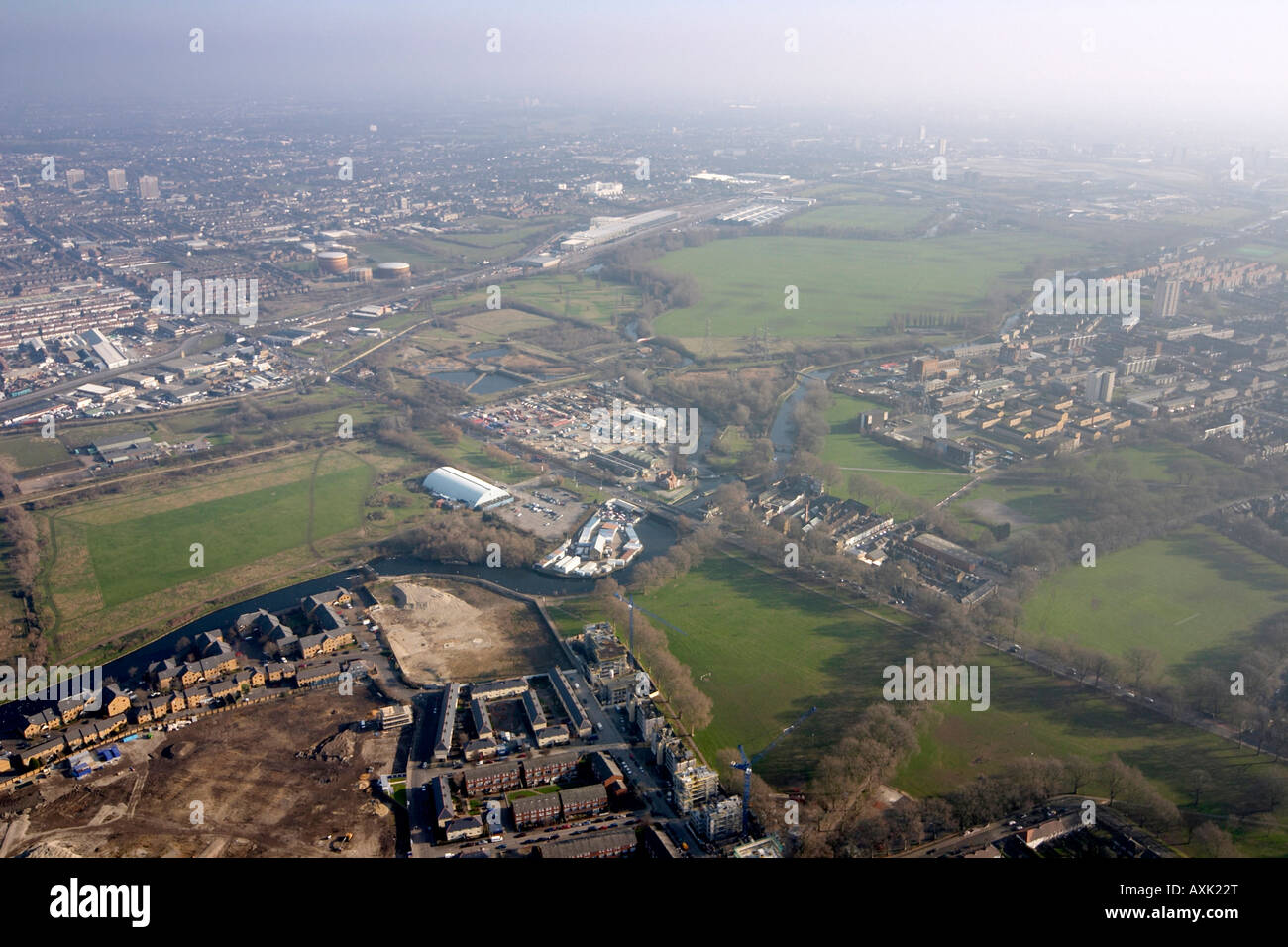 High level oblique aerial view south east of North Millfields Lea Bridge Hackney Marshes London E5 England UK January 2006 Stock Photo