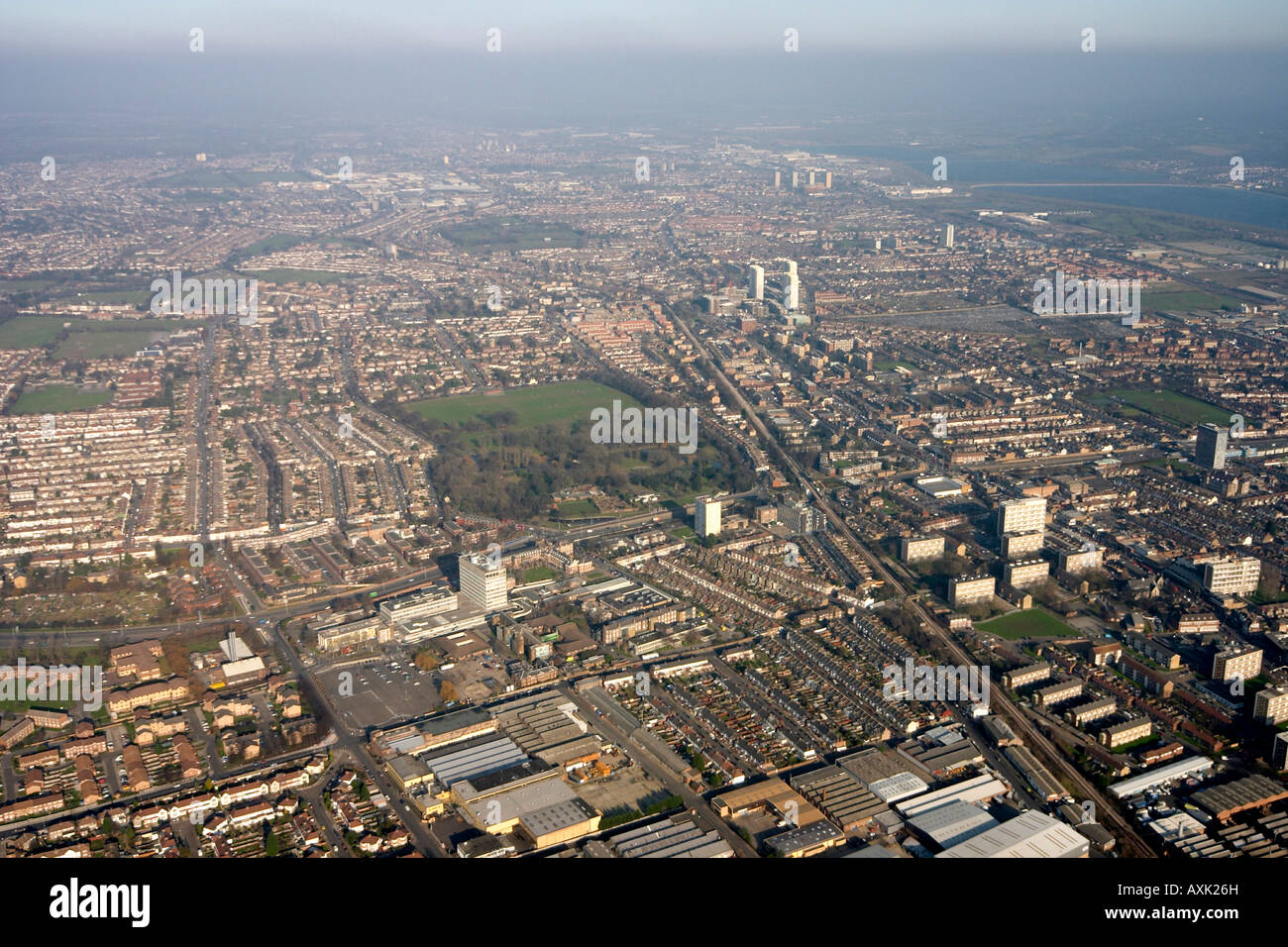 High level oblique aerial view north of Pymmes Park A10 Edmonton London N18 England UK January 2006 Stock Photo