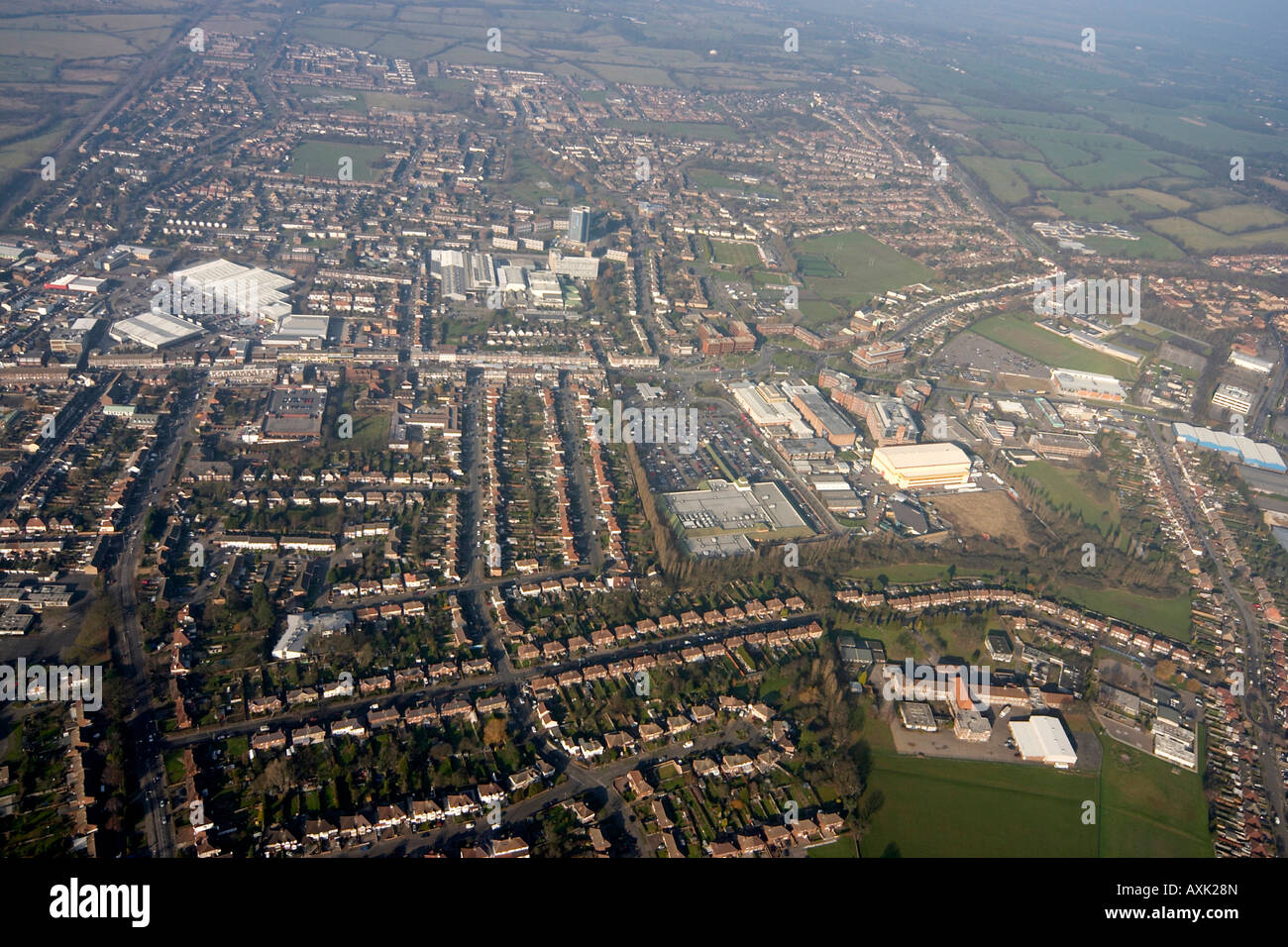 High level oblique aerial view overhead of Borehamwood and Elstree Studios London WD6 England UK January 2006 Stock Photo