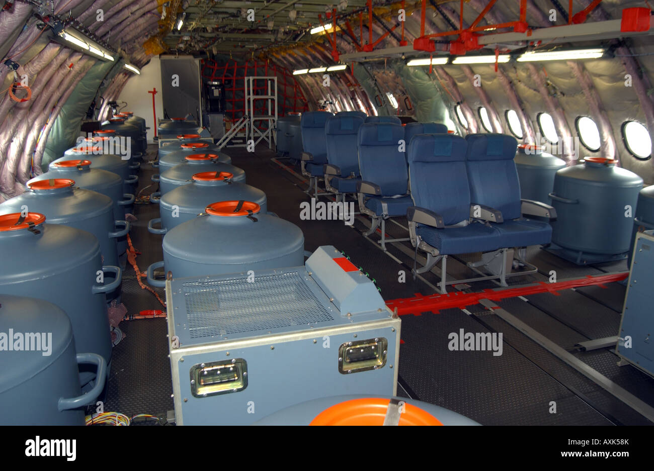 Airbus A380-800 cabin with ballast for testing purposes. Stock Photo
