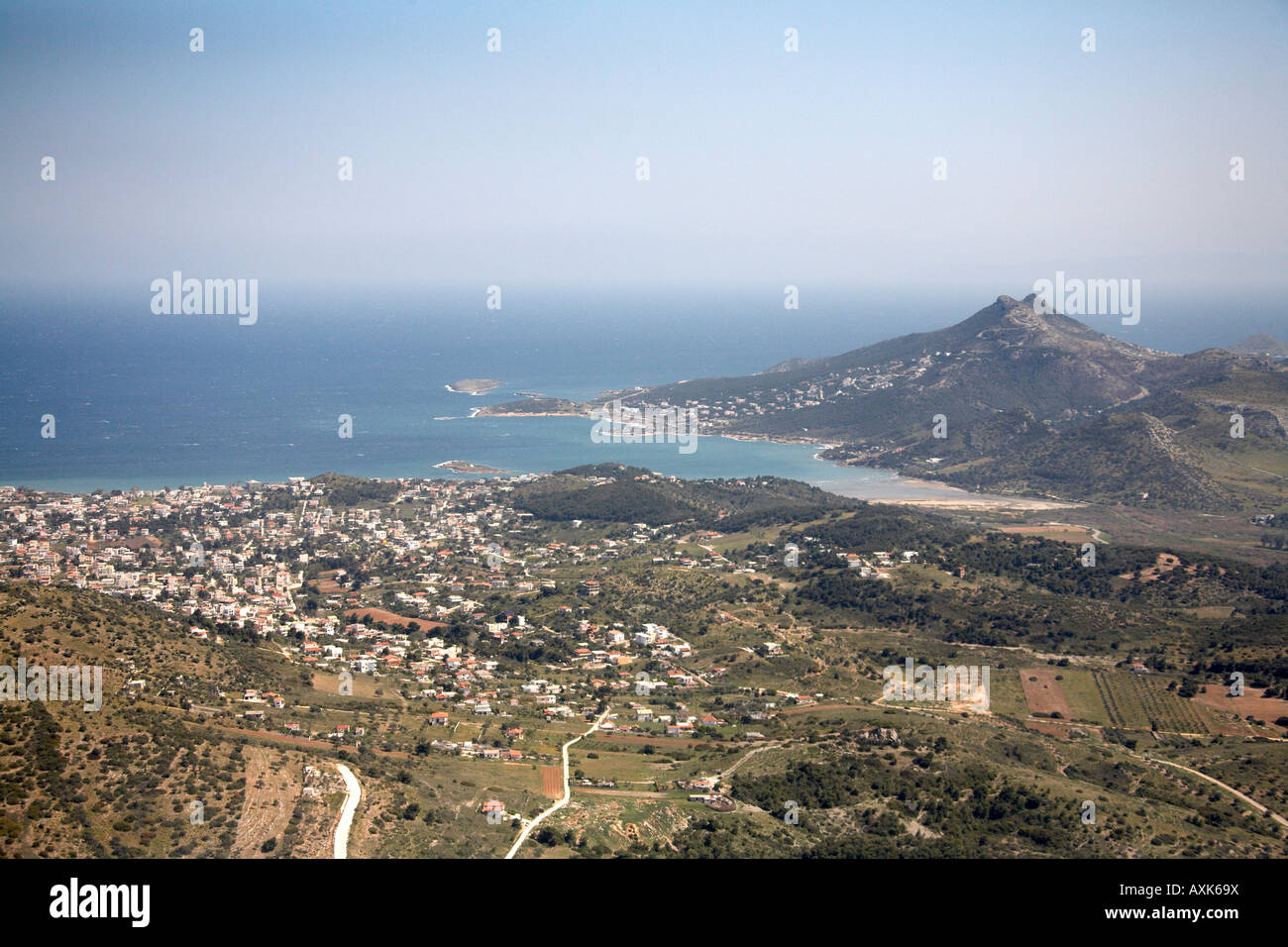 Countryside and sea beach and port with towns of Artemida Louisa and