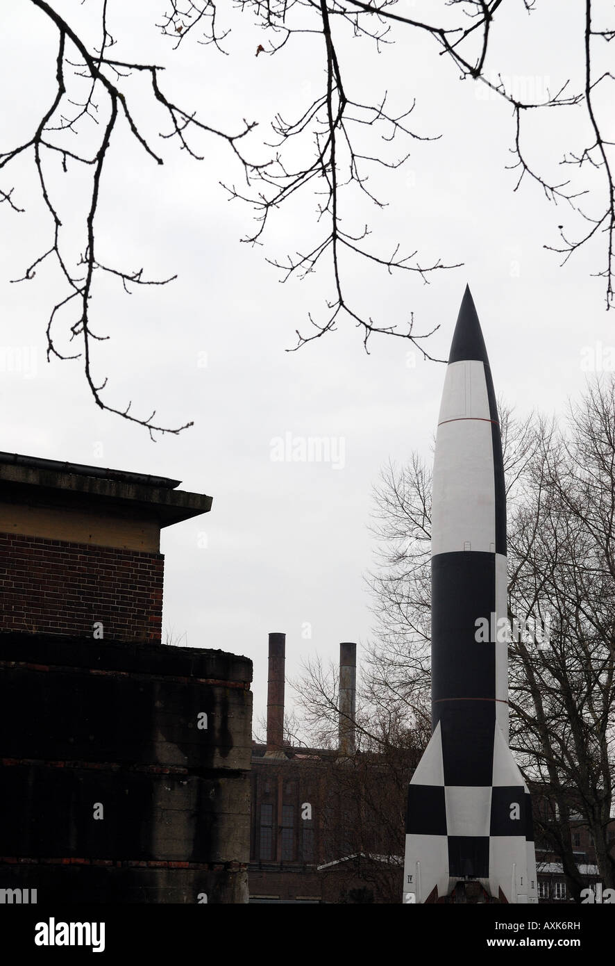 Prototype of V2 rocket on display Peenemuende World War Two Nazi rocket technology research site Stock Photo