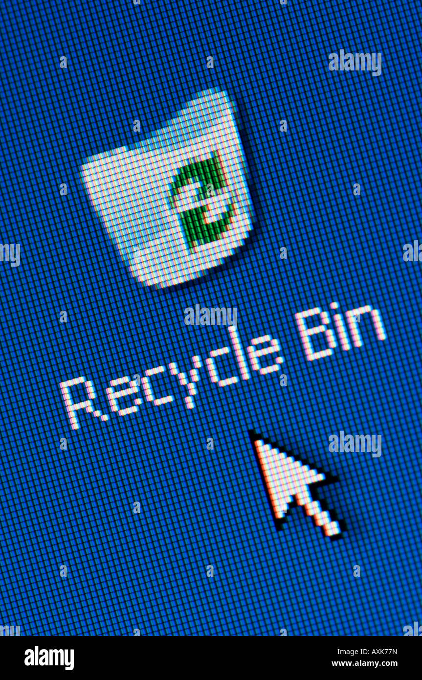 Macro screenshot of recycle bin and arrow icon on computer monitor