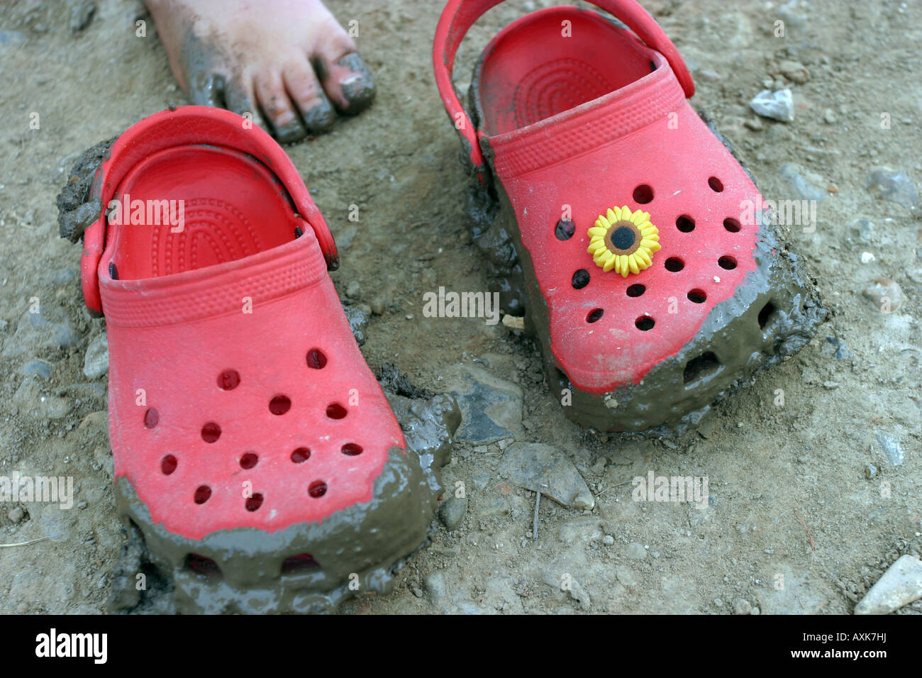 Girl with bare feet and red crocs Stock 