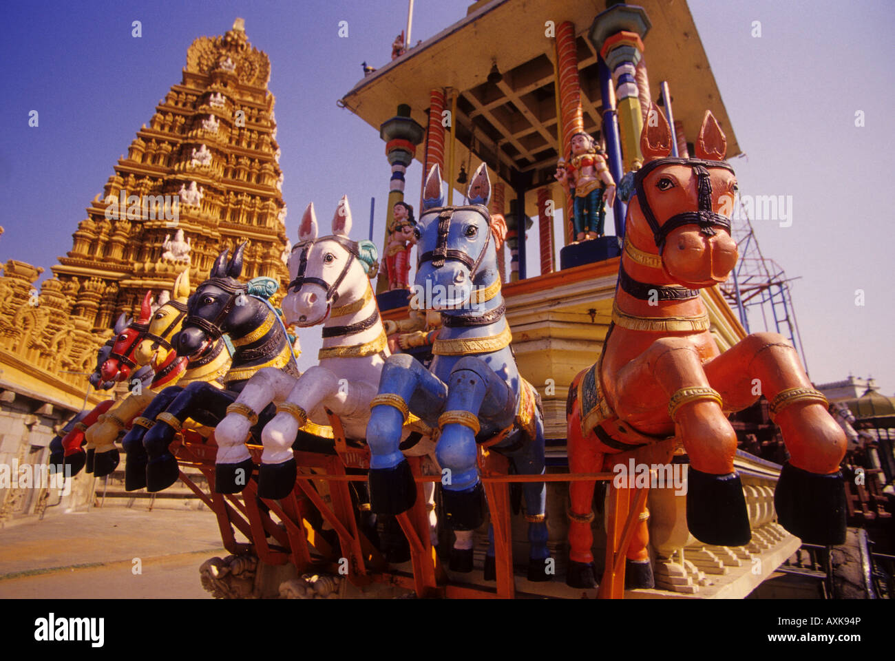 Wooden horses on a temple chariot stand outside of the Nanjundeswara Temple in the Karnatakan town of Nanjangud. Stock Photo