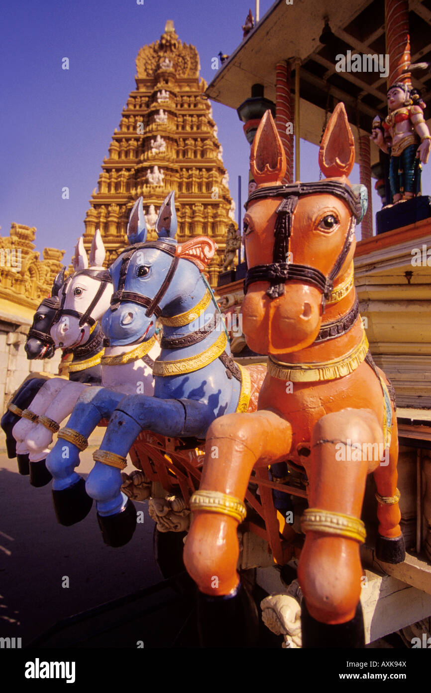 Wooden horses on a temple chariot stand outside of the Nanjundeswara Temple in the Karnatakan town of Nanjangud. Stock Photo