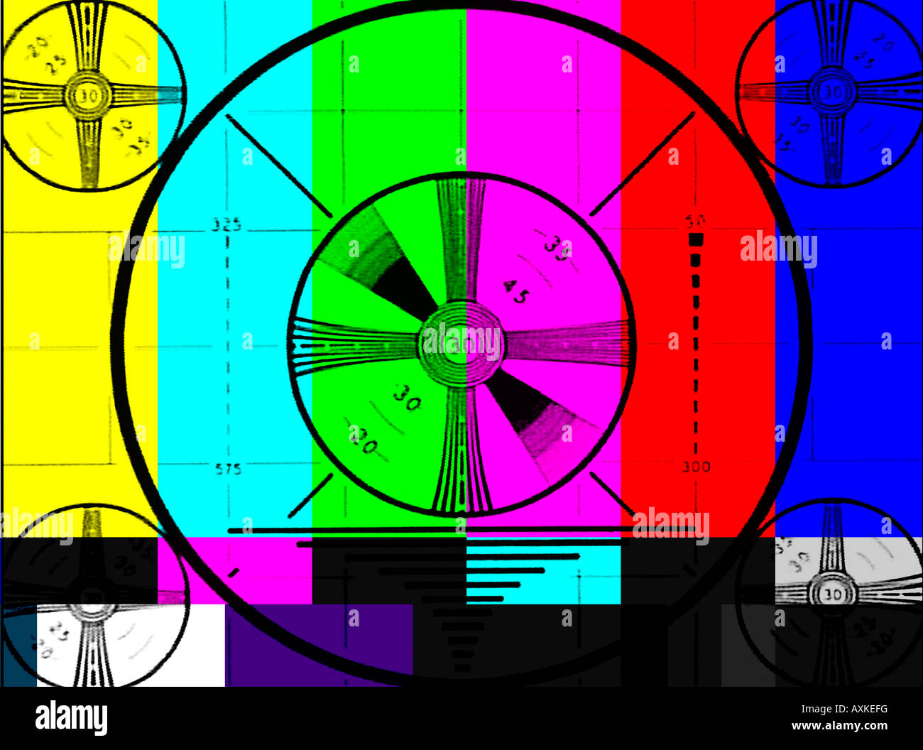 television test pattern super imposed on color bars Stock Photo