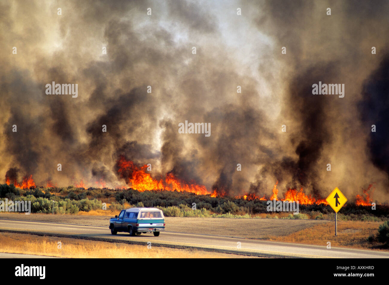 A flames from a brush fire east of Boise Idaho Stock Photo