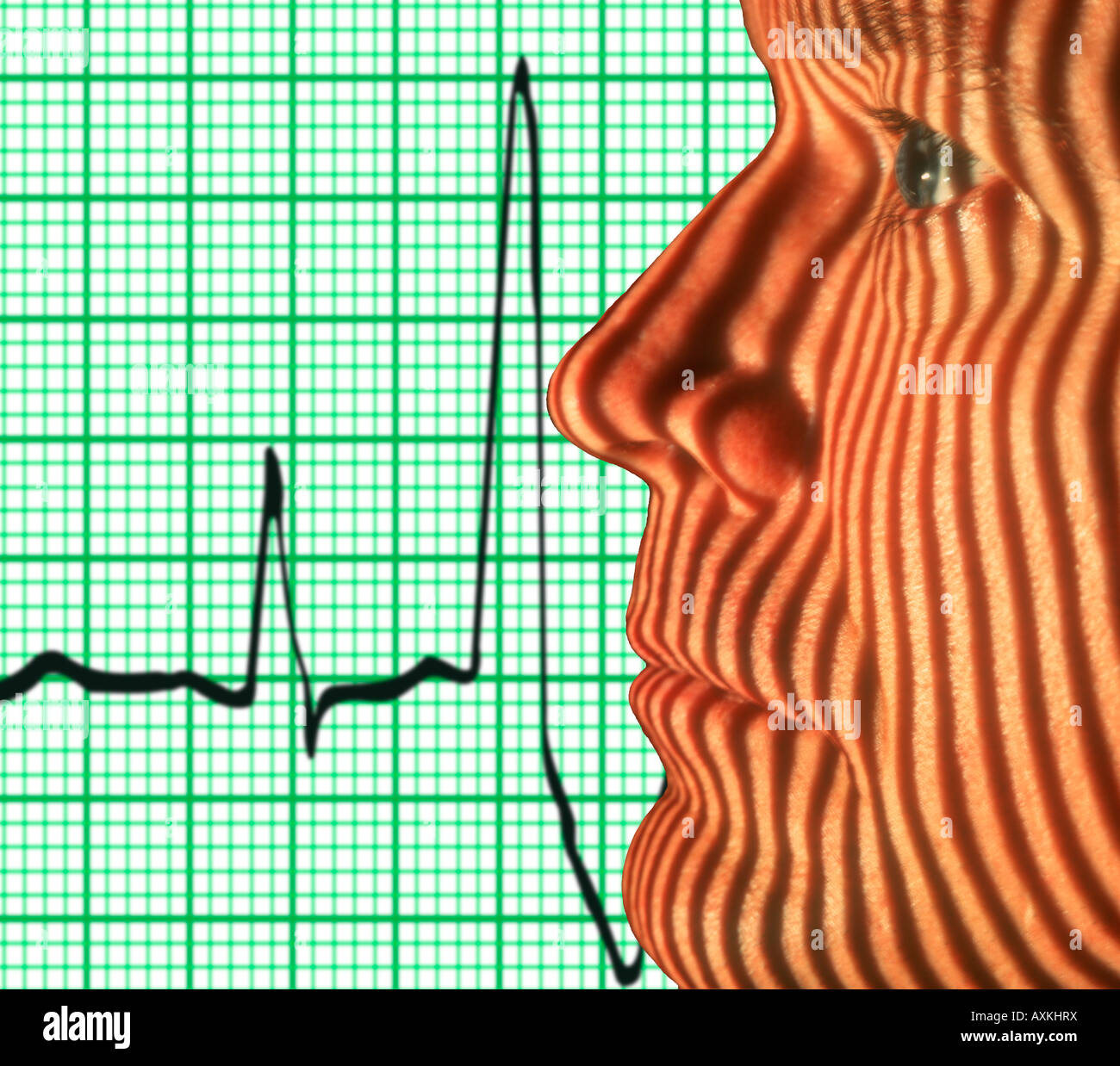 stripes projected on male face with EKG background Stock Photo