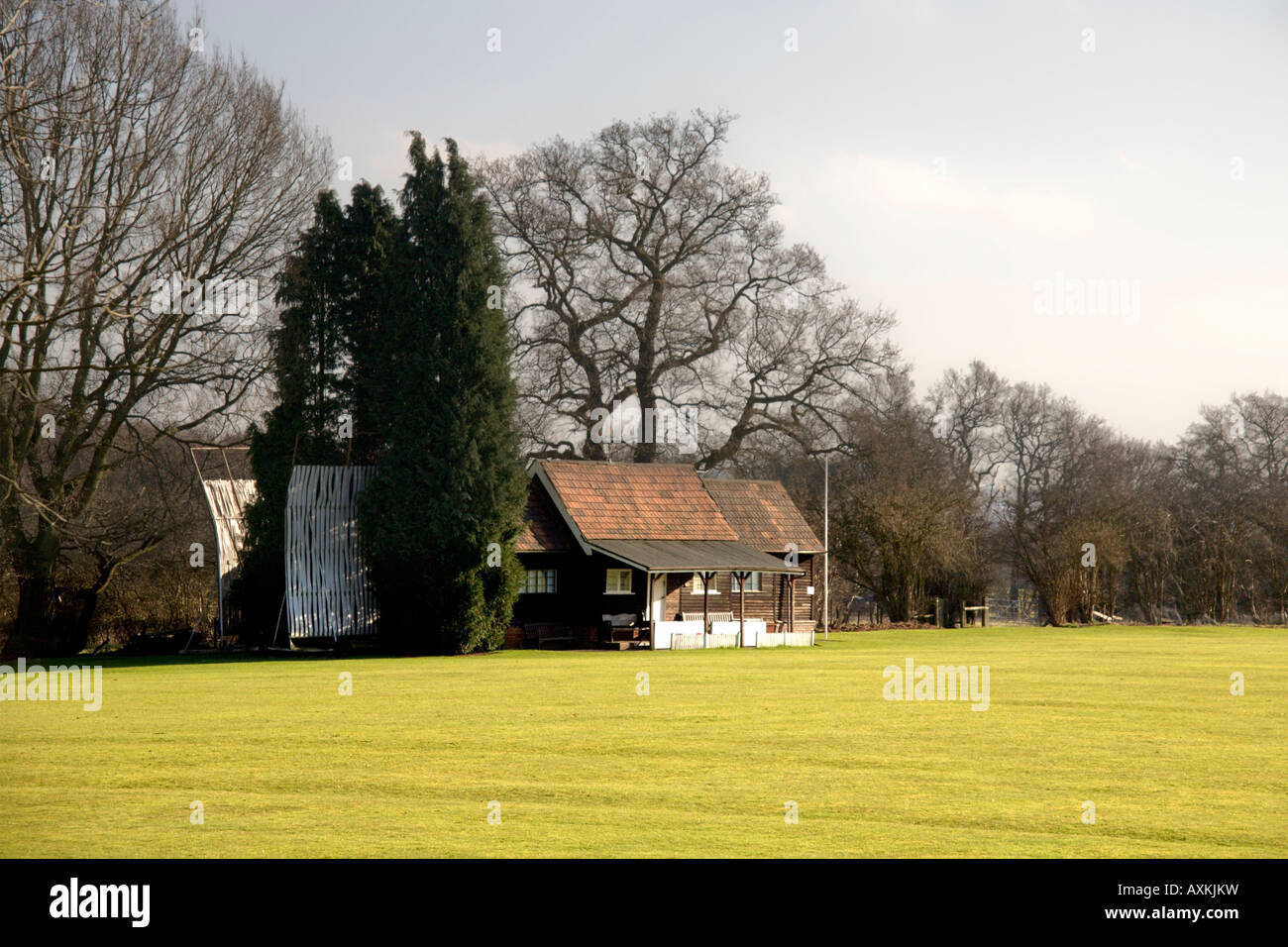 A cricket pitch and pavillion Stock Photo