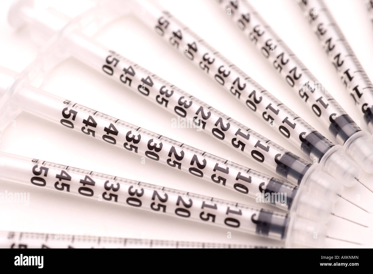 Medical syringes for injecting insulin diabetes close up of measuring scale on side of syringe and sharp needle at end Stock Photo