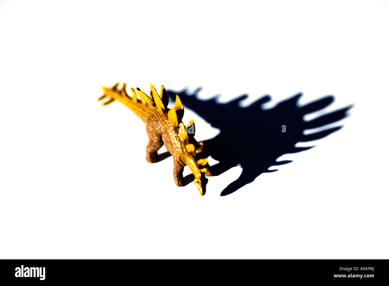 Toy dinosaurs in strong sunlight stegosaur or stegosaurus Stock Photo