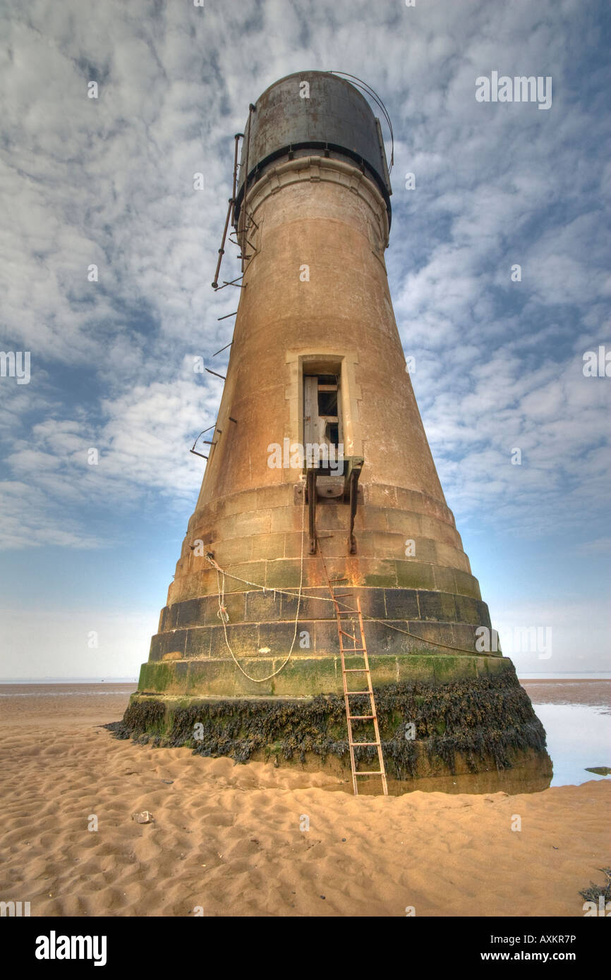 Wide angle view of an old derelict lighthouse at Spurn Point on the river Humber, Spurn Point lighthouse, Spurn Point, lighthouses, UK old, empty, Stock Photo