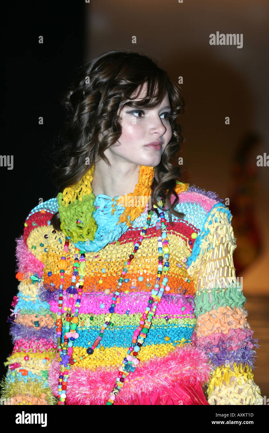 Model wearing multicoloured knitted top at the Clothes Show NEC Birmingham December 2005 Stock Photo