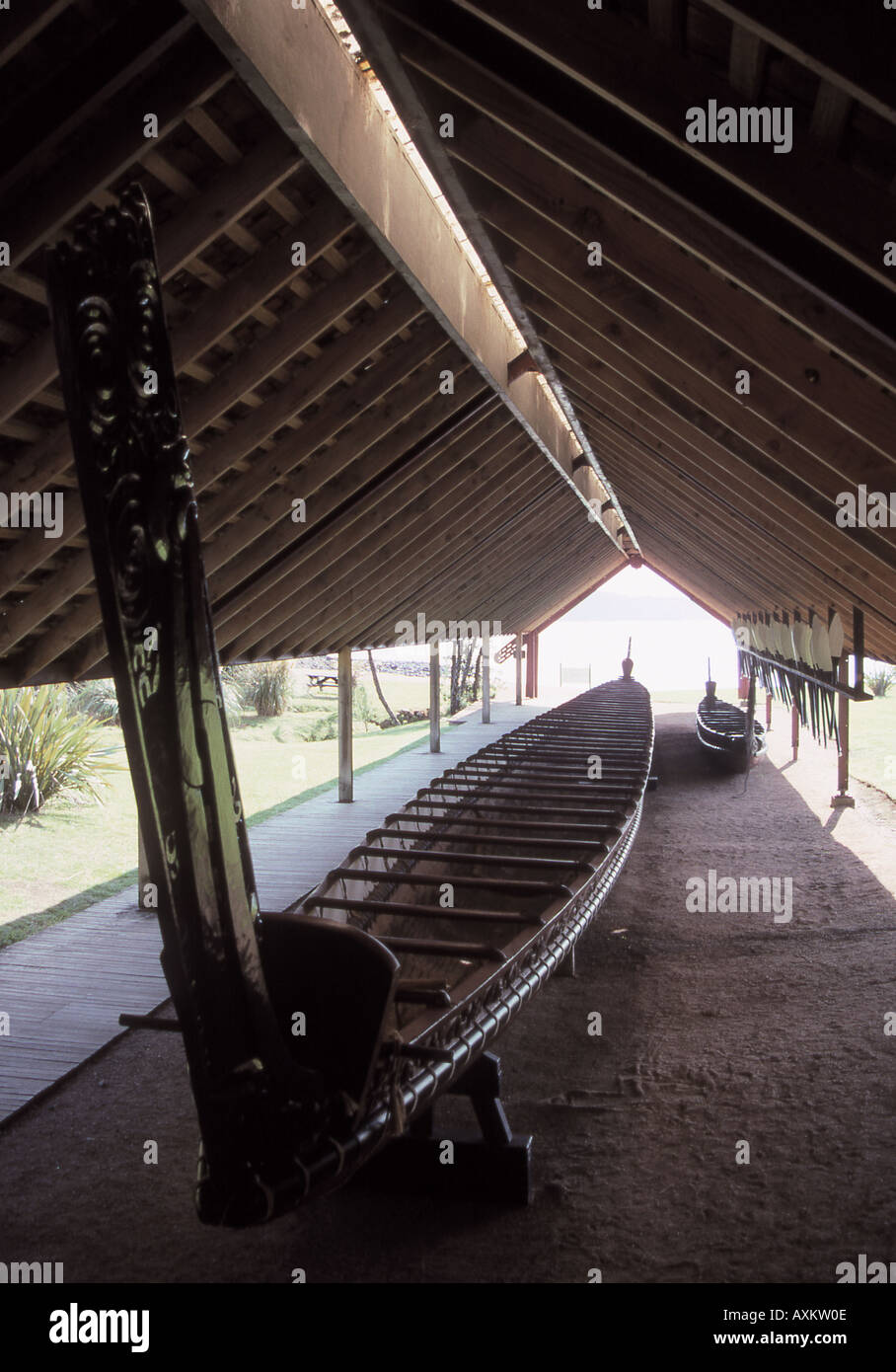 Traditional Maori war canoe at the Waitangi National Reserve in the North Island of New Zealand Stock Photo