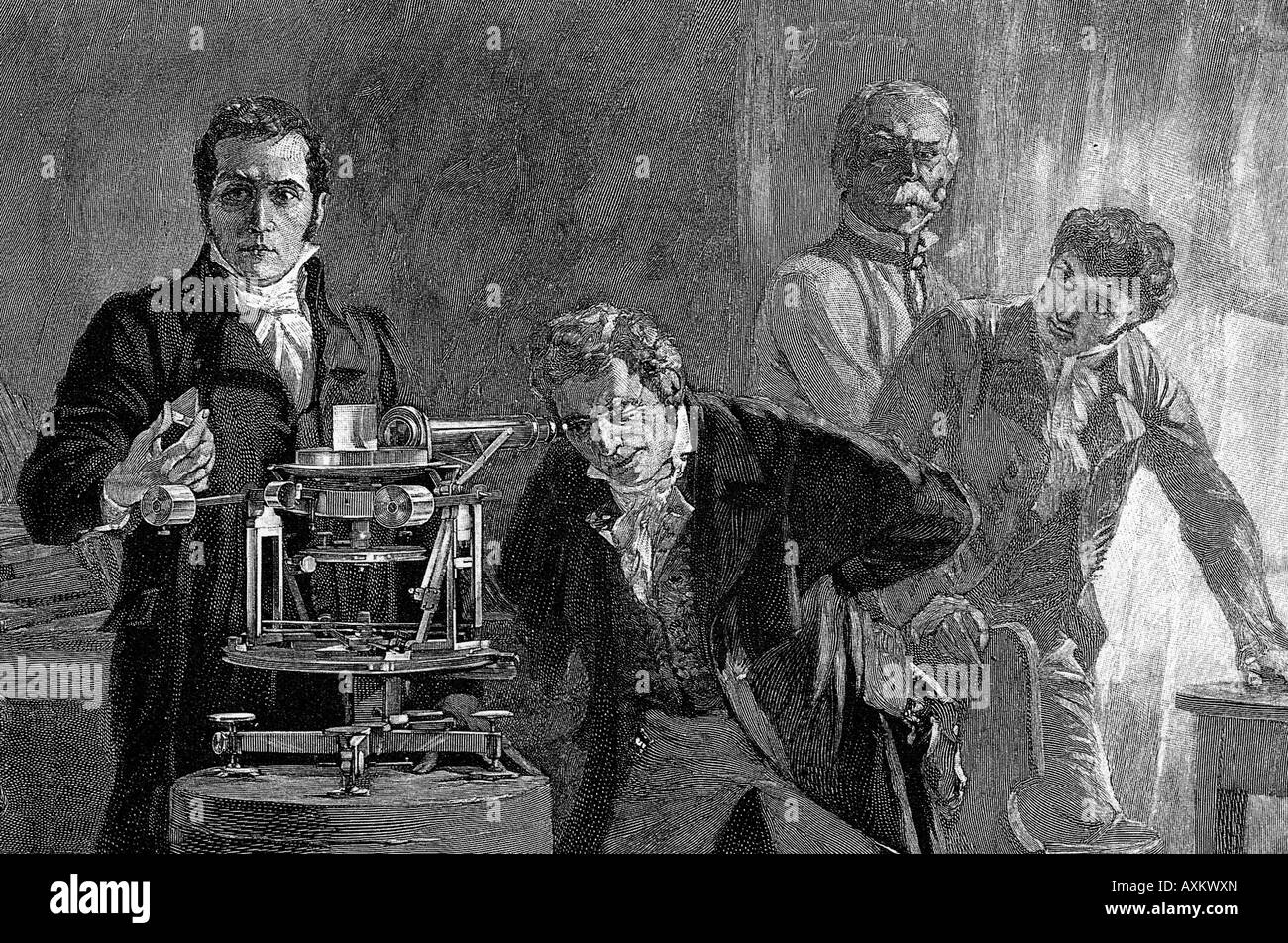 JOSEF VON FRAUNHOFER at left demonstrating his spectrometer in Munich