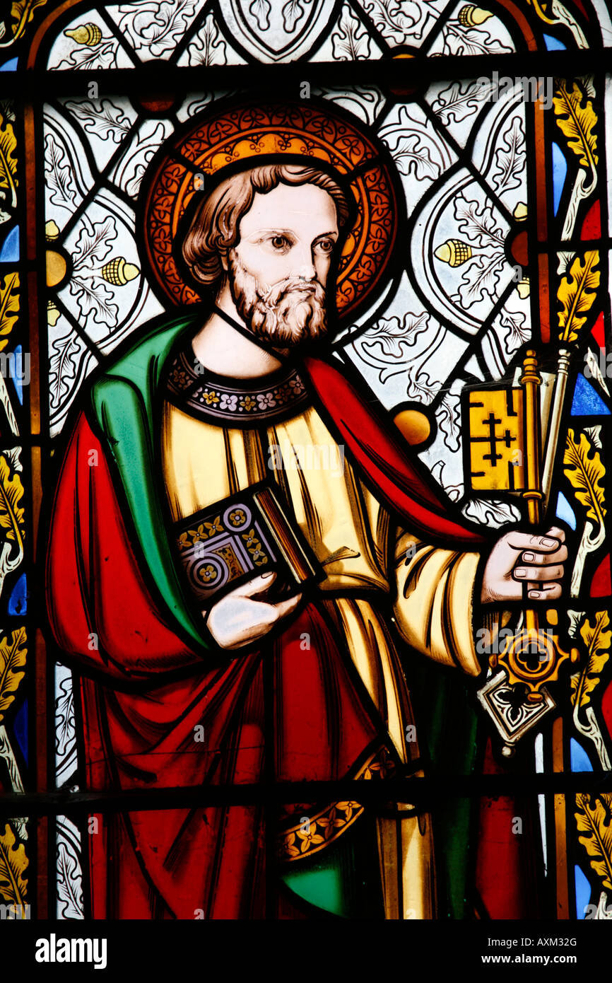 Saint Peter with the Keys to Heaven Stained Glass Window Stock Photo