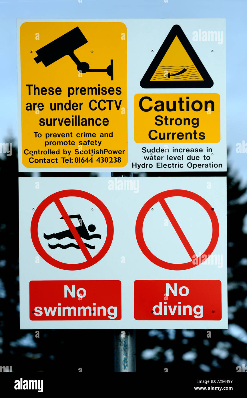 Danger signs at Bonnington Hydro-Electric Power Station, Lanarkshire, Scotland, United Kingdom, Europe. Stock Photo