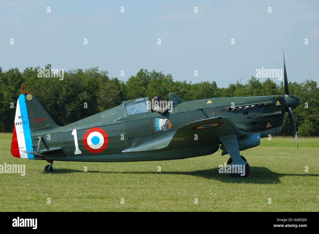 Old WWII fighter  Morane MS-406 (also ref D-3801)  during french vintage air show, La Ferte Alais Stock Photo