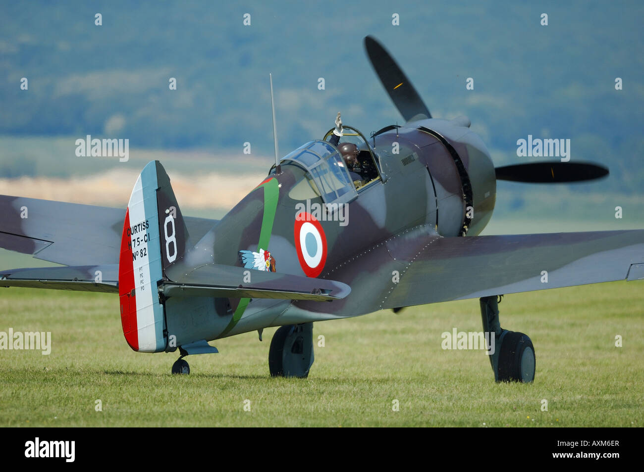 Old WWII fighter  Curtiss Hawk H 75 during french vintage air show, La Ferte Alais Stock Photo