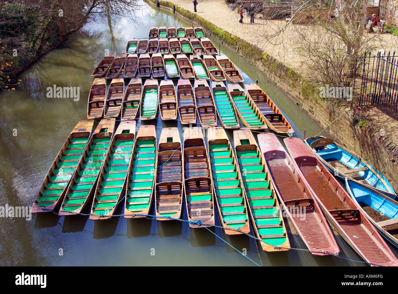 Punts moored by Magdalen Bridge on the River Cherwell, Oxford, England Stock Photo