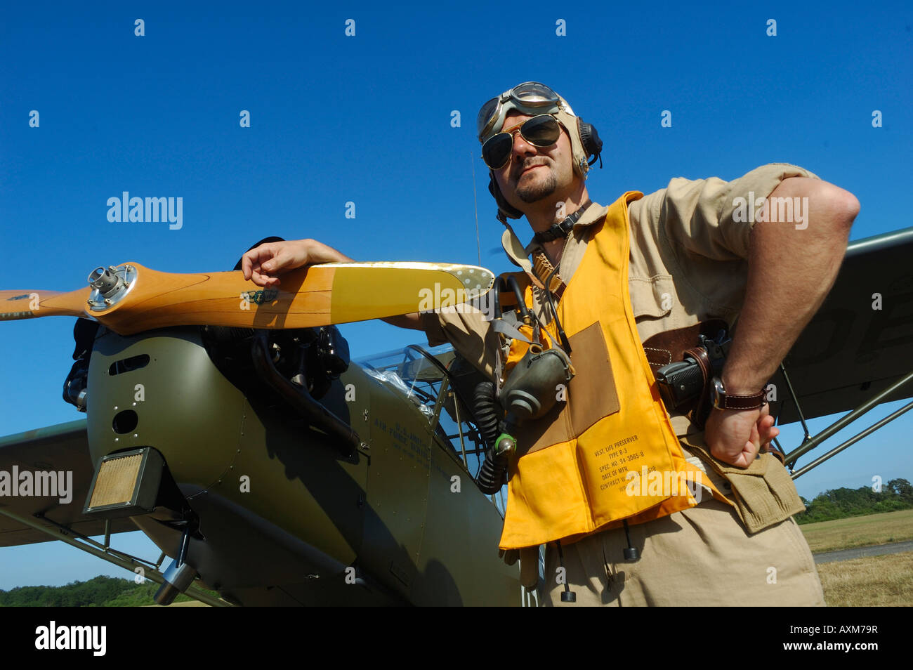 Pilot In Wwii Us Army Uniform Front Of A Piper J 3 Cub Also Ref L 4 Stock Photo Alamy