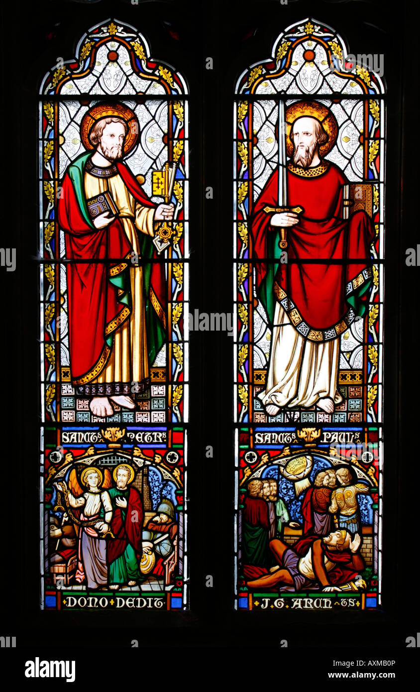 Saint Peter and Saint Paul Stained Glass Window, St Leonard's Church, Charlecote, Warwickshire, England Stock Photo
