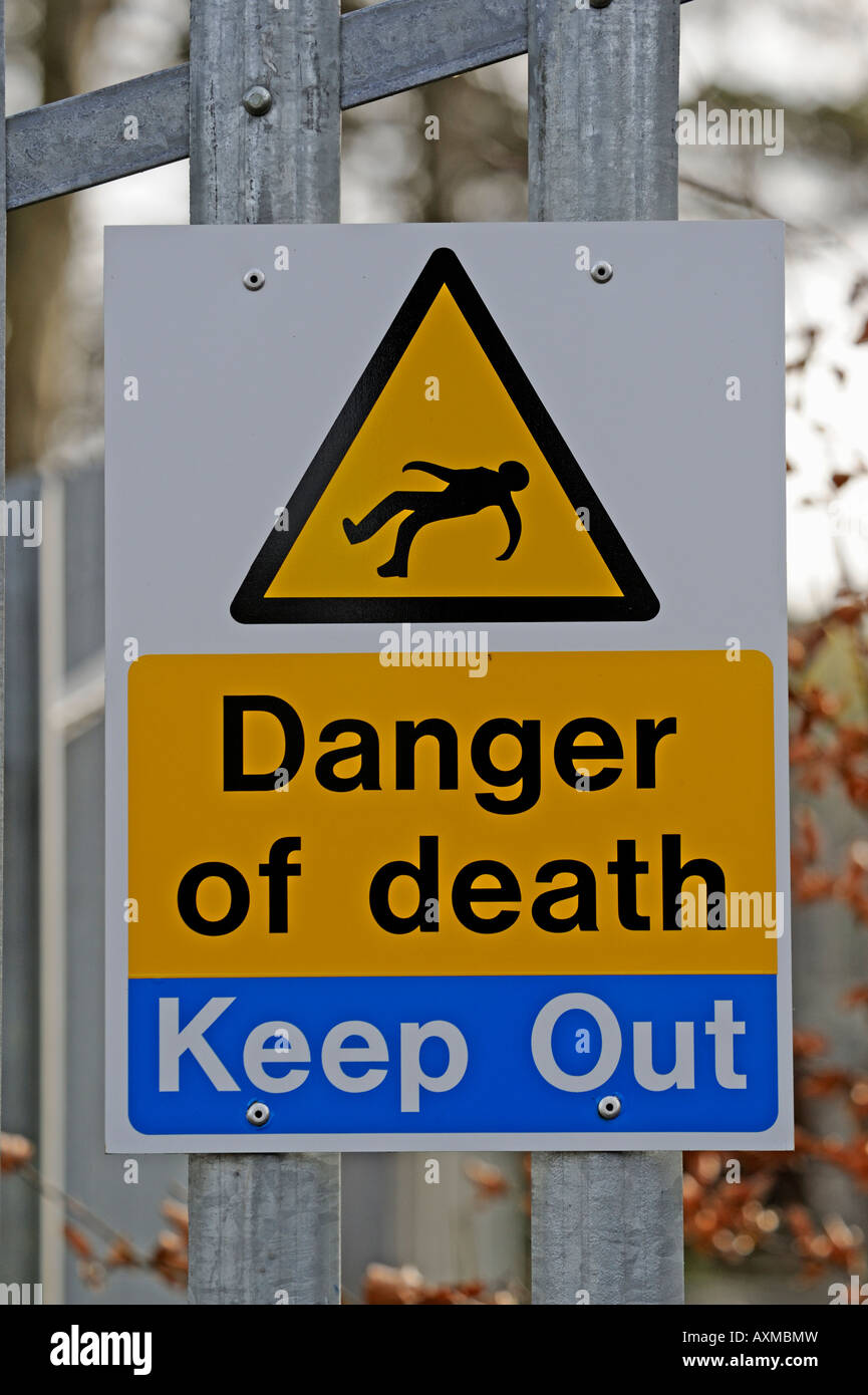 'Danger of Death' sign at Bonnington Hydro-Electric Power Station, Lanarkshire, Scotland, United Kingdom, Europe. Stock Photo