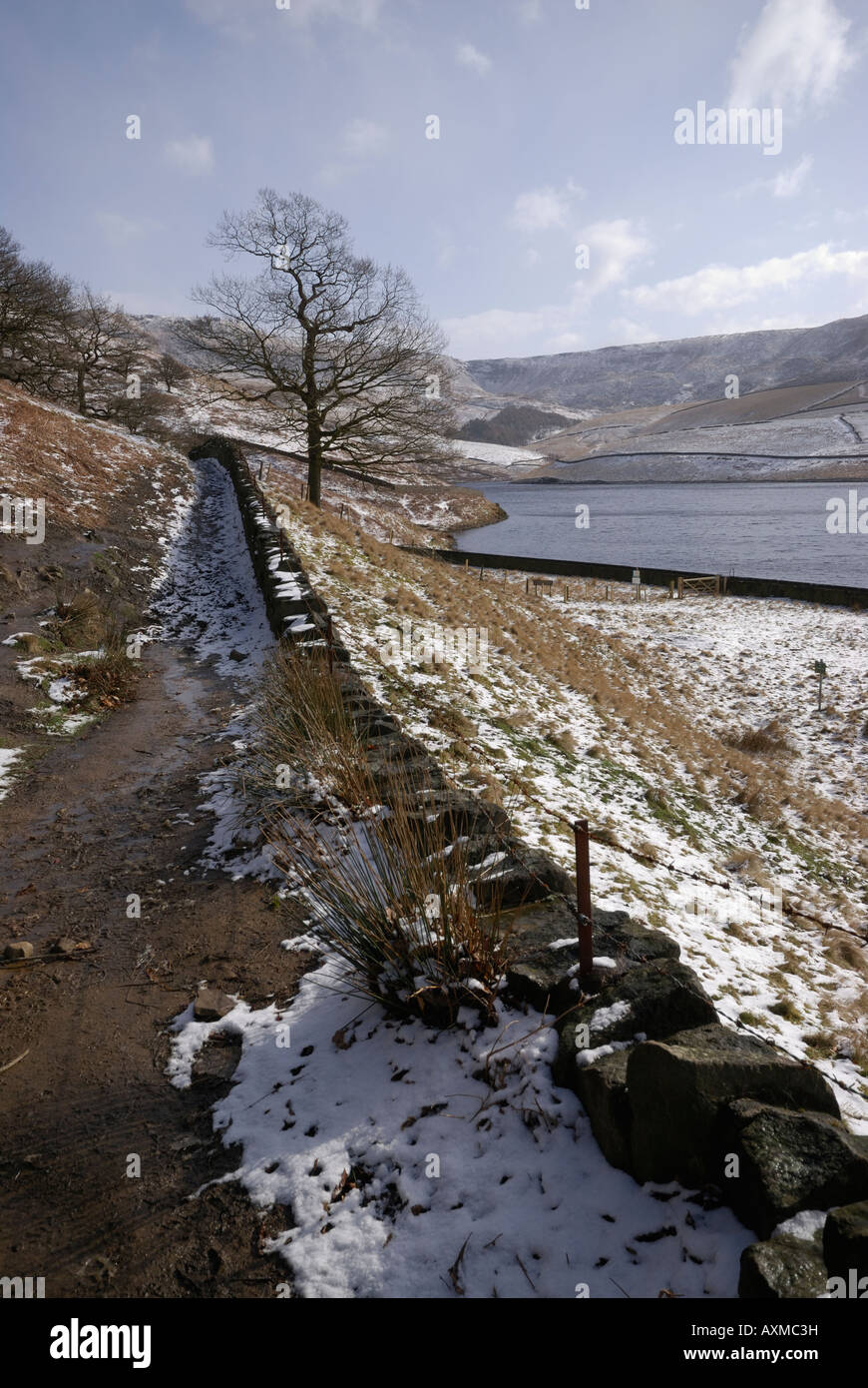 Path around Kinder Reservoir in the snow with view towards Kinder Scout, Peak District, Derbyshire, UK Stock Photo