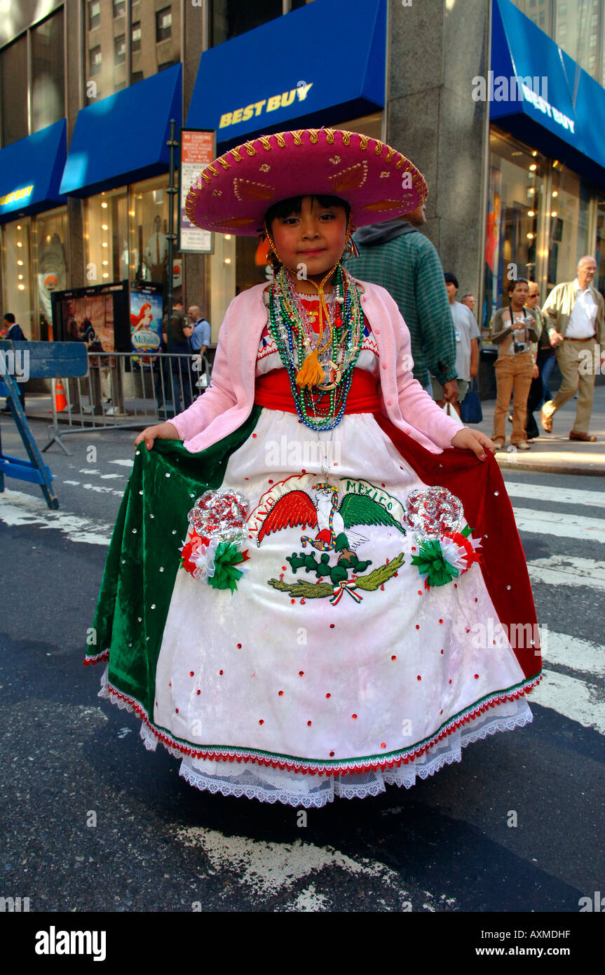 NYC annual Hispanic Day Parade Mexican girl poses prior to parade Stock