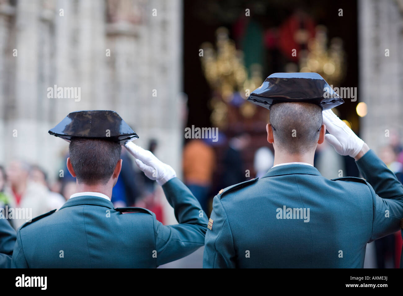 Civil Guards saluting a float, Holy Week 2008, Seville, Spain Stock Photo