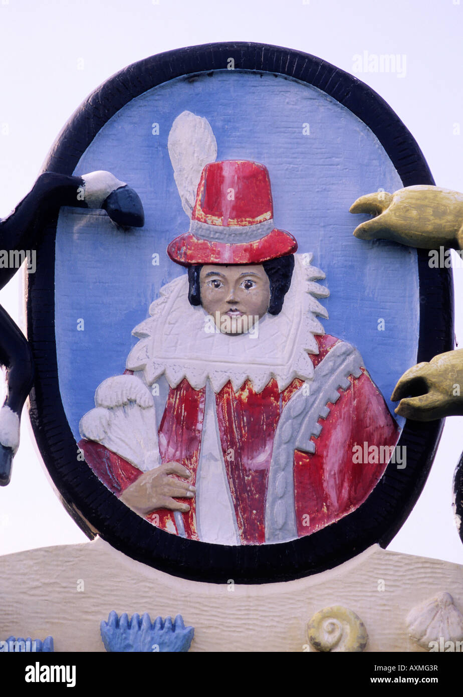 Pocohontas, Heacham Village Sign, Norfolk, England, East Anglia England UK, American Indian princess, Tudor costume historical Stock Photo