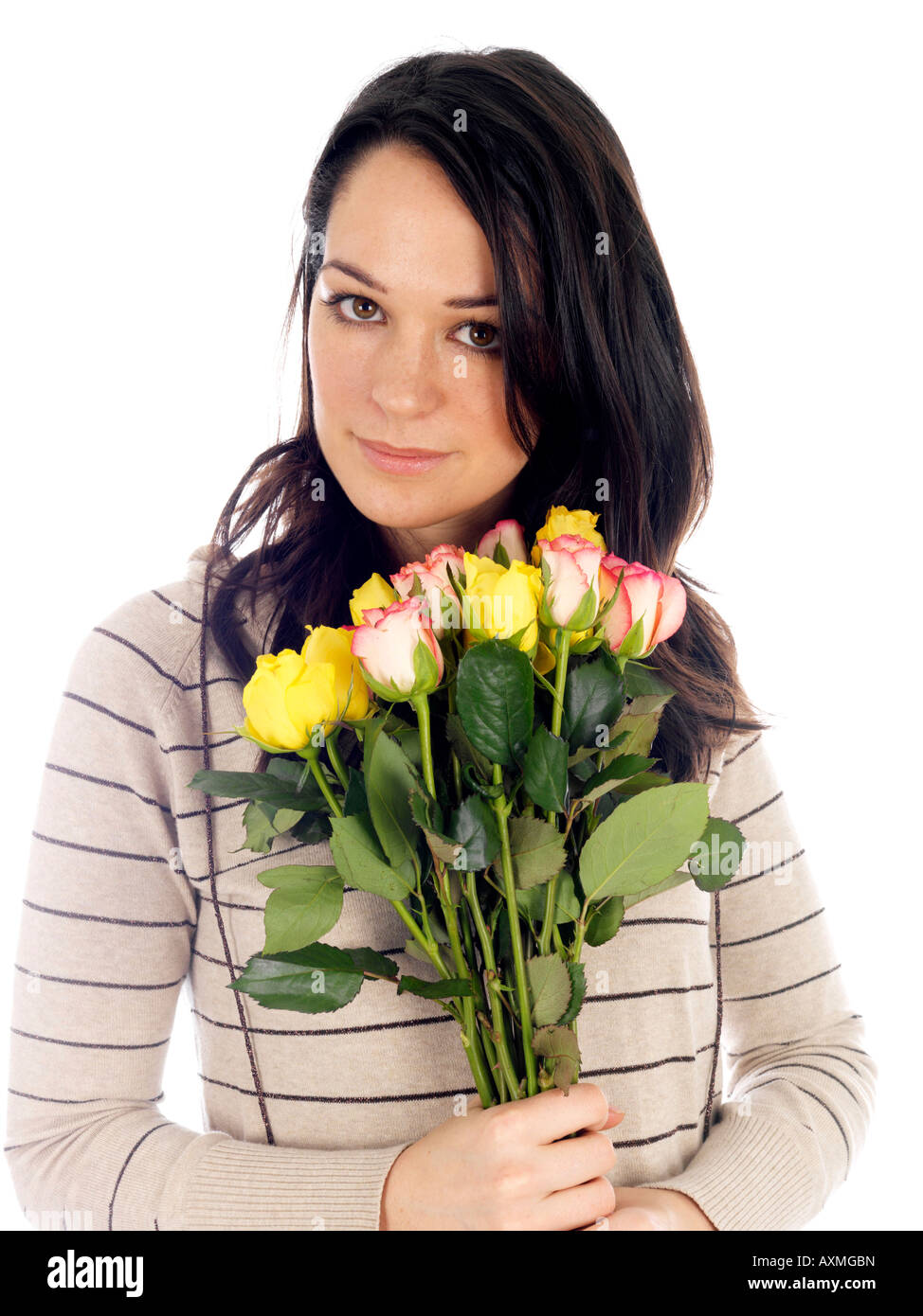 Young Woman Holding Bunch of Flowers Model Released Stock Photo - Alamy