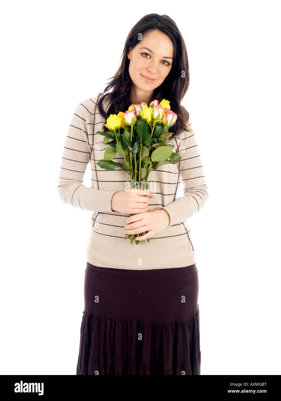 Young Woman Holding Bunch of Flowers Model Released Stock Photo - Alamy